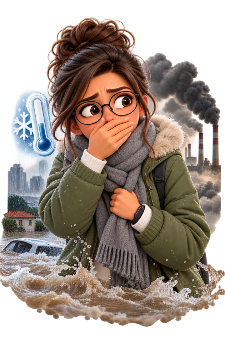Nina em um cenário de frio, enchente e poluição